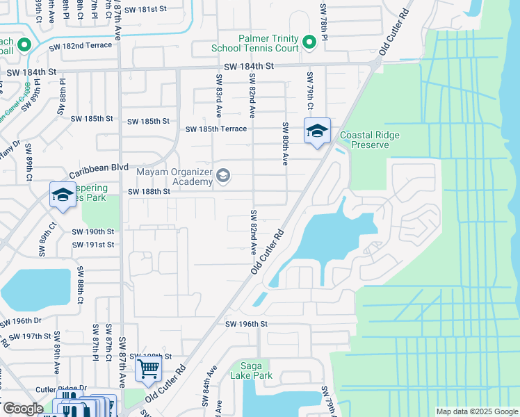 map of restaurants, bars, coffee shops, grocery stores, and more near 8180 Southwest 189th Street in Cutler Bay