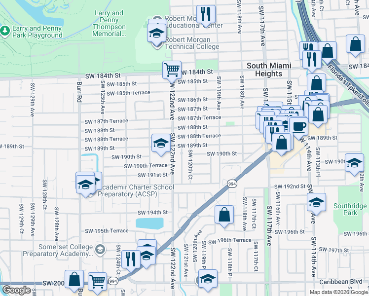 map of restaurants, bars, coffee shops, grocery stores, and more near 18901 Southwest 121st Avenue in Miami