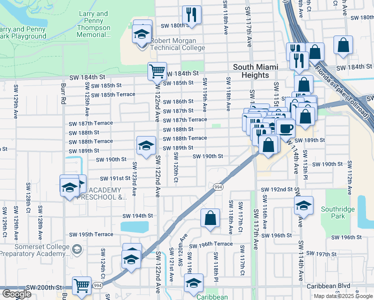 map of restaurants, bars, coffee shops, grocery stores, and more near 11980 Southwest 189th Street in Miami