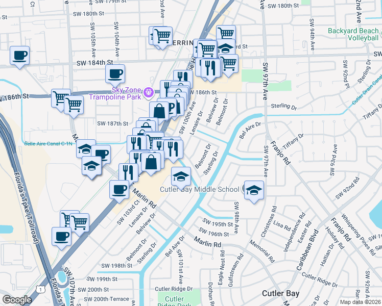 map of restaurants, bars, coffee shops, grocery stores, and more near 10101 Broad Channel Drive in Cutler Bay