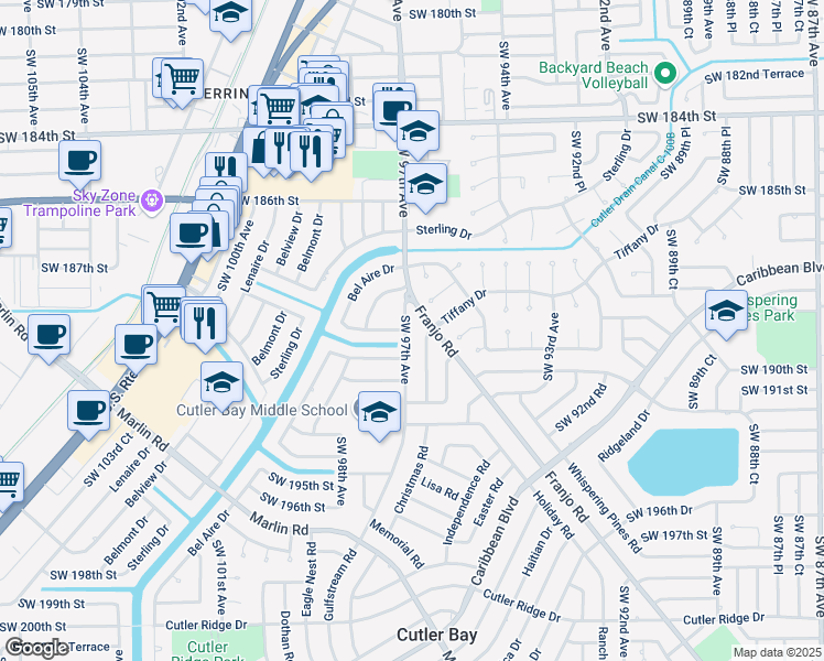 map of restaurants, bars, coffee shops, grocery stores, and more near 18910 Southwest 96th Avenue in Cutler Bay
