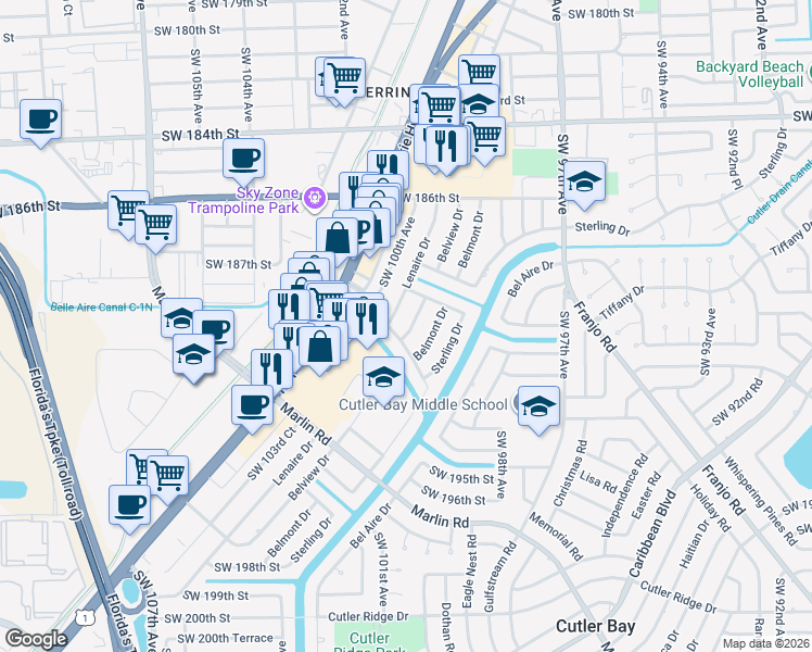 map of restaurants, bars, coffee shops, grocery stores, and more near 10101 Broad Channel Drive in Cutler Bay