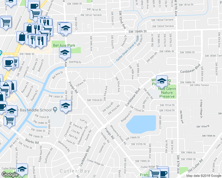 map of restaurants, bars, coffee shops, grocery stores, and more near 18920 Southwest 92nd Court in Miami