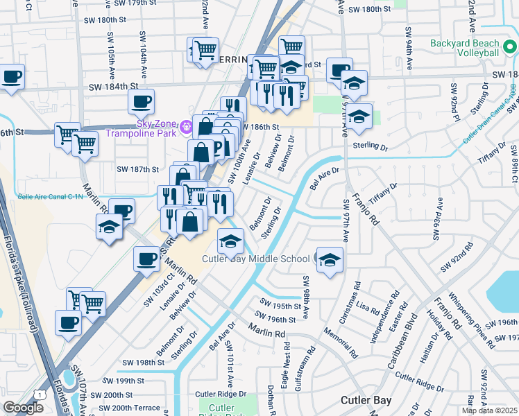 map of restaurants, bars, coffee shops, grocery stores, and more near 18830 Belmont Drive in Cutler Bay