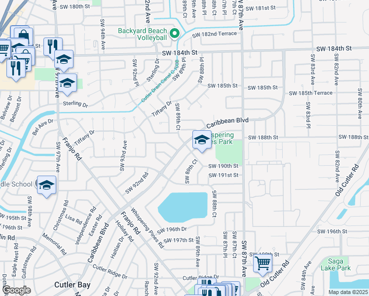 map of restaurants, bars, coffee shops, grocery stores, and more near 8950 Caribbean Boulevard in Cutler Bay