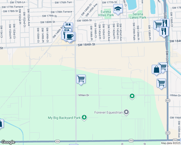 map of restaurants, bars, coffee shops, grocery stores, and more near 14450 Southwest 188th Street in Miami