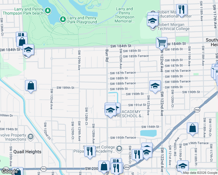 map of restaurants, bars, coffee shops, grocery stores, and more near 12675 Southwest 189th Street in Miami