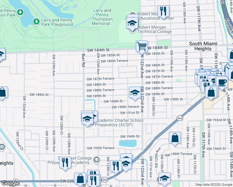 map of restaurants, bars, coffee shops, grocery stores, and more near 12371 Southwest 189th Street in Miami