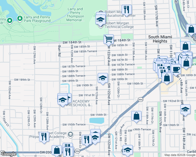 map of restaurants, bars, coffee shops, grocery stores, and more near 12281 Southwest 189th Street in Miami