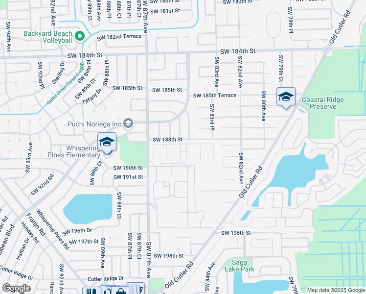 map of restaurants, bars, coffee shops, grocery stores, and more near 8498 Southwest 188th Terrace in Cutler Bay