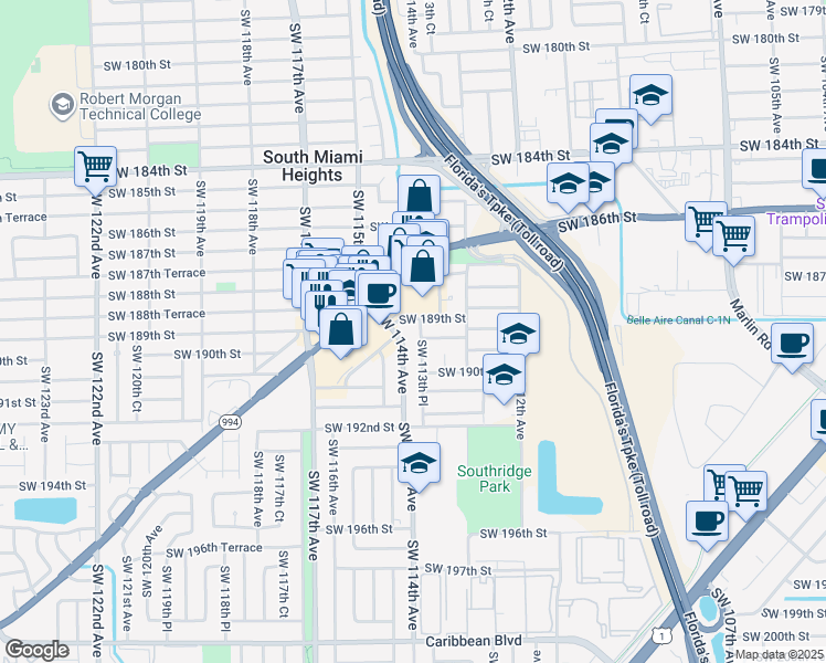 map of restaurants, bars, coffee shops, grocery stores, and more near 18925 Southwest 113th Place in Miami