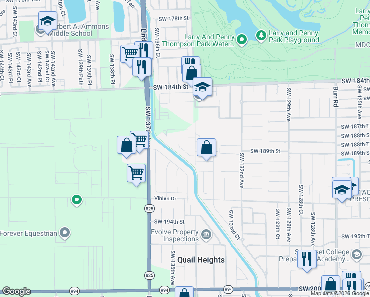 map of restaurants, bars, coffee shops, grocery stores, and more near 18870 Southwest 134th Avenue in Miami