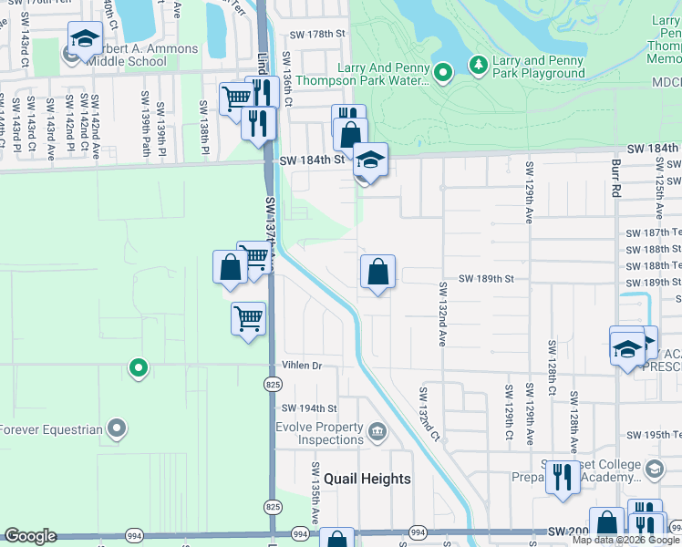 map of restaurants, bars, coffee shops, grocery stores, and more near 18870 Southwest 134th Avenue in Miami
