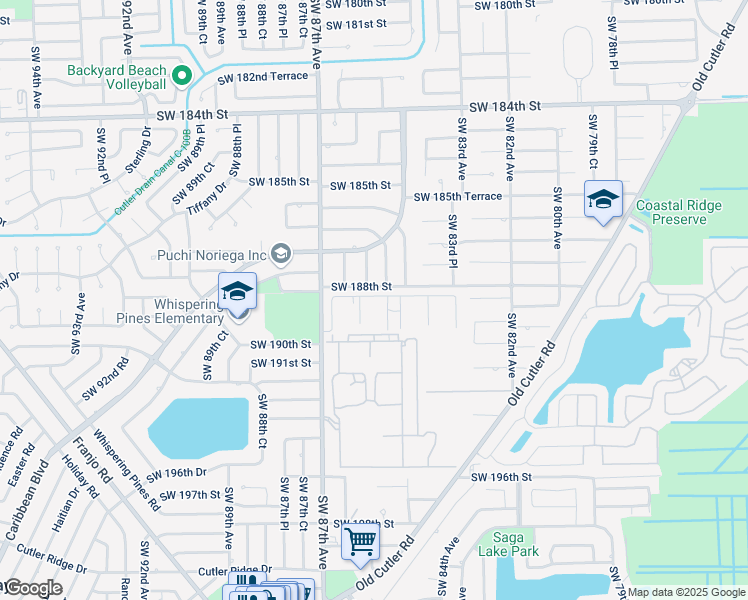 map of restaurants, bars, coffee shops, grocery stores, and more near 8498 Southwest 188th Terrace in Cutler Bay