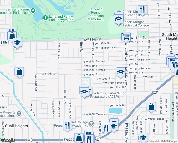 map of restaurants, bars, coffee shops, grocery stores, and more near 12520 Southwest 188th Terrace in Miami