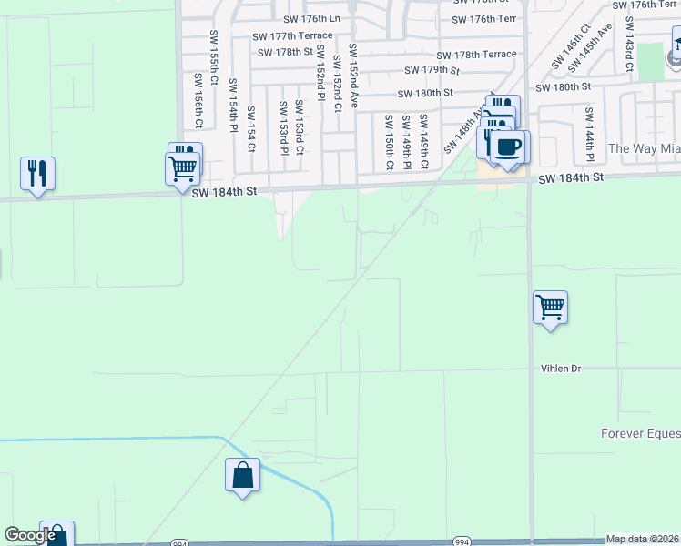 map of restaurants, bars, coffee shops, grocery stores, and more near 15240 Southwest 188th Street in Miami