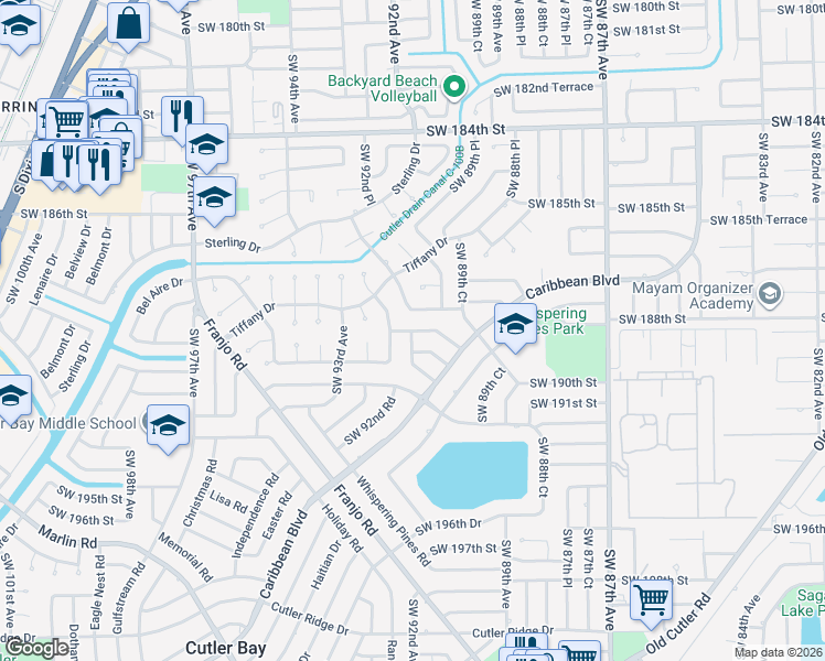 map of restaurants, bars, coffee shops, grocery stores, and more near 18810 Southwest 91st Avenue in Cutler Bay