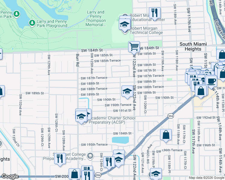 map of restaurants, bars, coffee shops, grocery stores, and more near 12371 Southwest 189th Street in Miami
