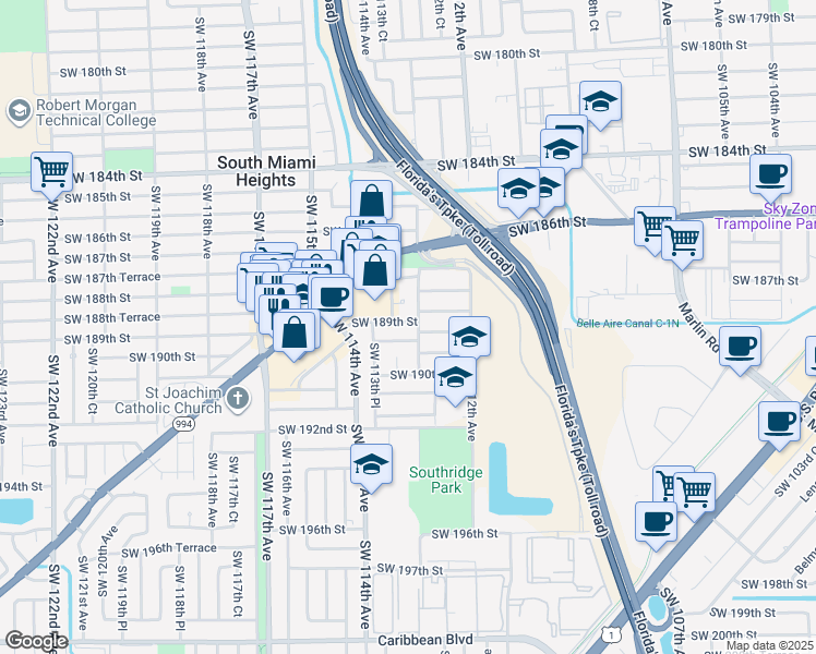map of restaurants, bars, coffee shops, grocery stores, and more near 11310 Southwest 189th Street in Miami
