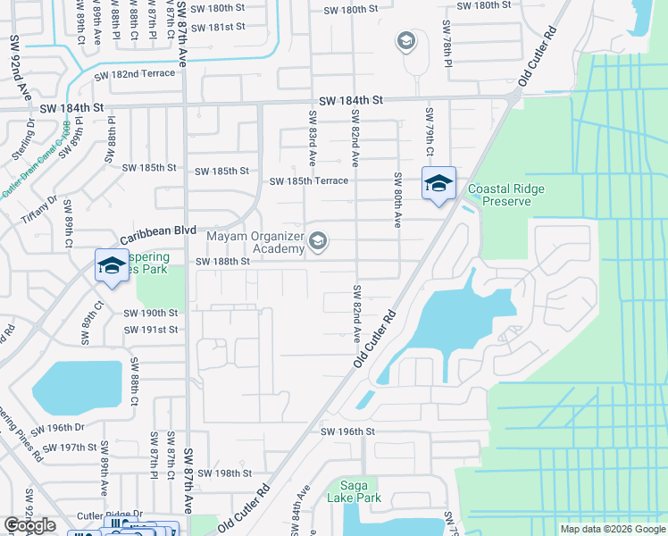 map of restaurants, bars, coffee shops, grocery stores, and more near 8225 Southwest 189th Terrace in Cutler Bay