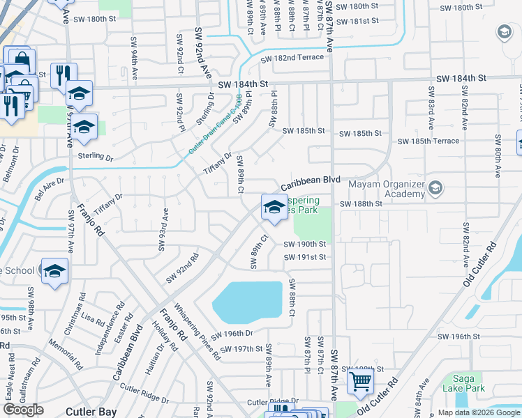 map of restaurants, bars, coffee shops, grocery stores, and more near 8950 Caribbean Boulevard in Cutler Bay