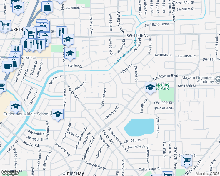 map of restaurants, bars, coffee shops, grocery stores, and more near 18920 Southwest 92nd Court in Miami