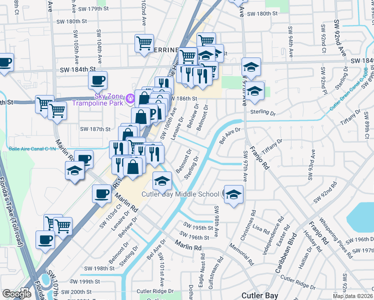 map of restaurants, bars, coffee shops, grocery stores, and more near 18830 Belmont Drive in Cutler Bay