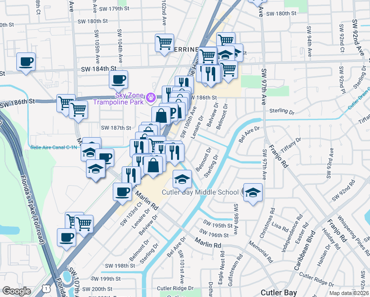 map of restaurants, bars, coffee shops, grocery stores, and more near 10101 Broad Channel Drive in Cutler Bay