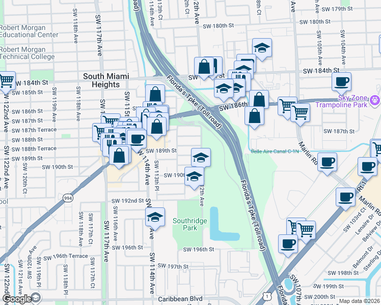 map of restaurants, bars, coffee shops, grocery stores, and more near 11213 Southwest 189th Lane in Miami
