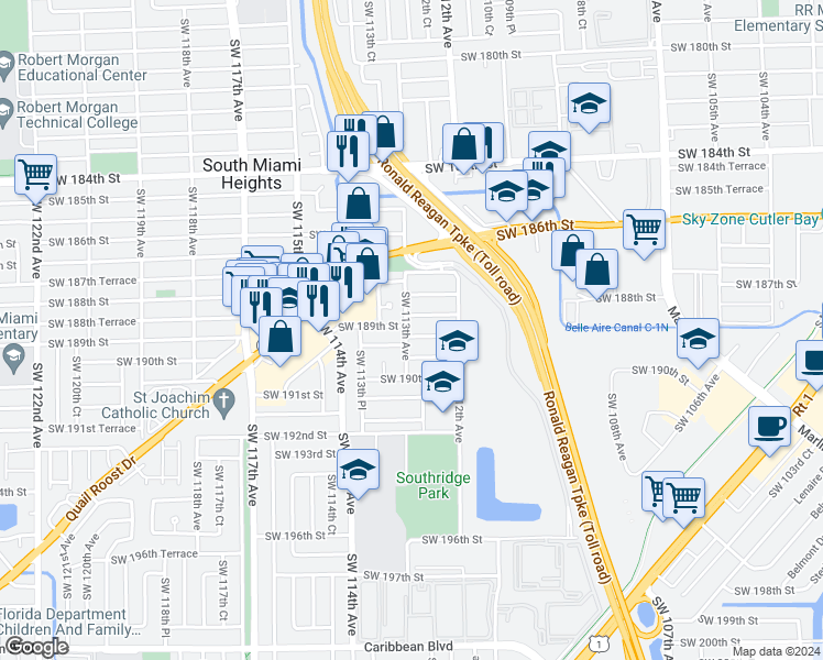 map of restaurants, bars, coffee shops, grocery stores, and more near 11275 Southwest 189th Lane in Miami