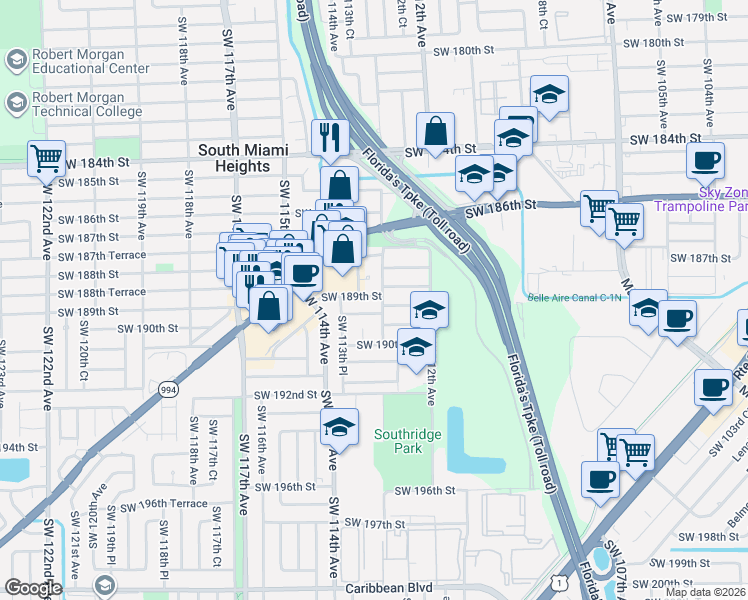 map of restaurants, bars, coffee shops, grocery stores, and more near 11275 Southwest 189th Lane in Miami