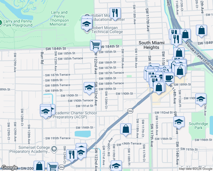 map of restaurants, bars, coffee shops, grocery stores, and more near 18901 Southwest 121st Avenue in Miami