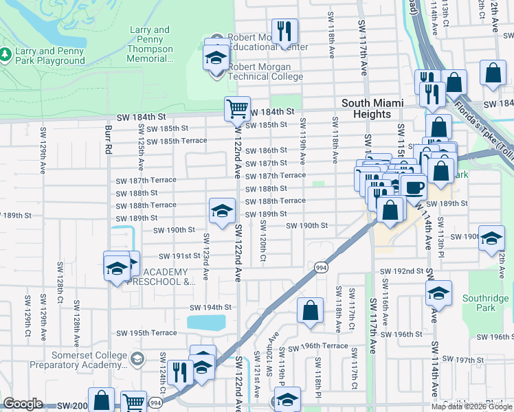 map of restaurants, bars, coffee shops, grocery stores, and more near 18901 Southwest 121st Avenue in Miami