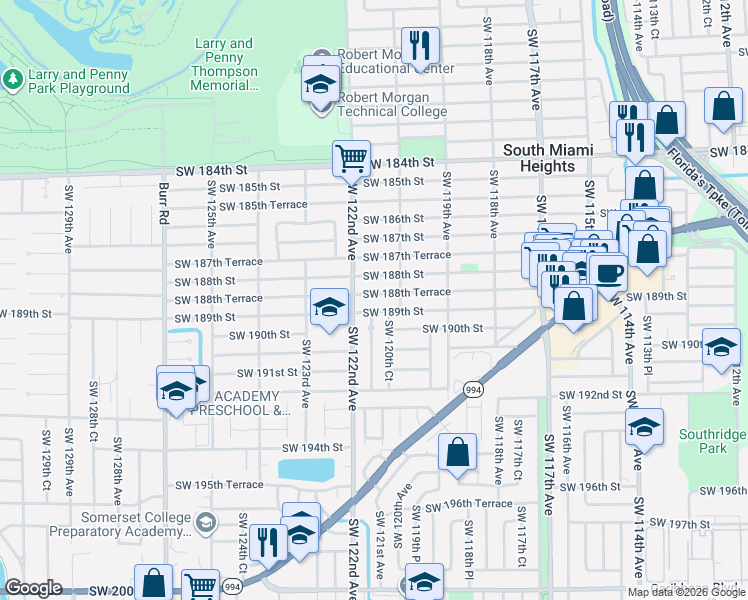 map of restaurants, bars, coffee shops, grocery stores, and more near 18901 Southwest 121st Avenue in Miami