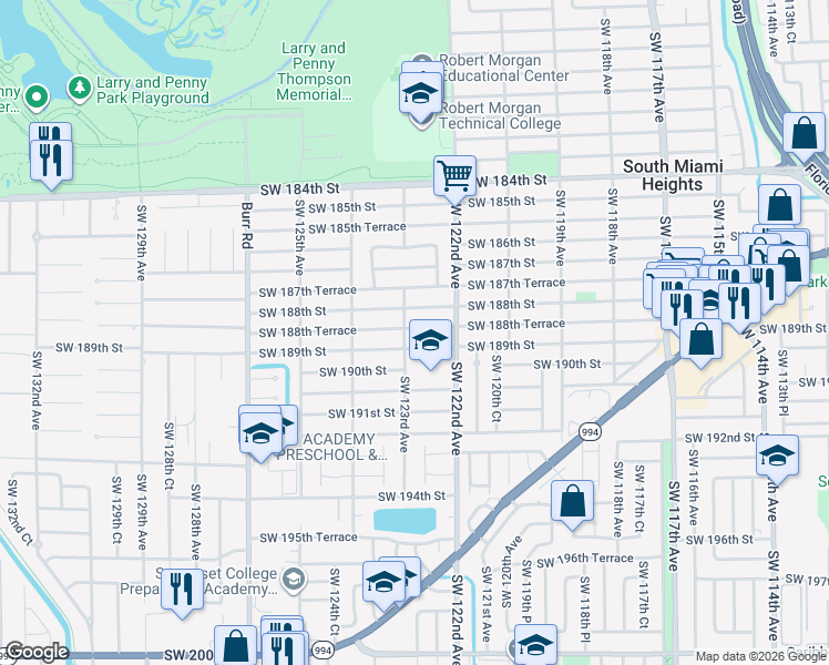 map of restaurants, bars, coffee shops, grocery stores, and more near 12281 Southwest 189th Street in Miami