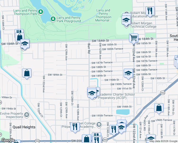 map of restaurants, bars, coffee shops, grocery stores, and more near 12675 Southwest 189th Street in Miami