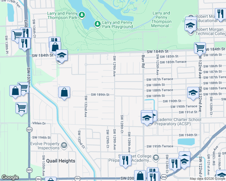 map of restaurants, bars, coffee shops, grocery stores, and more near 12900 Southwest 189th Street in Miami