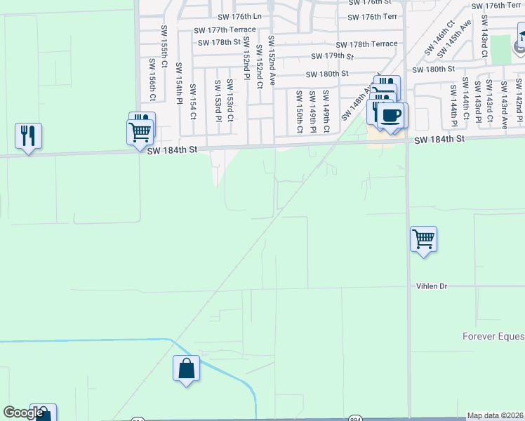 map of restaurants, bars, coffee shops, grocery stores, and more near 15240 Southwest 188th Street in Miami