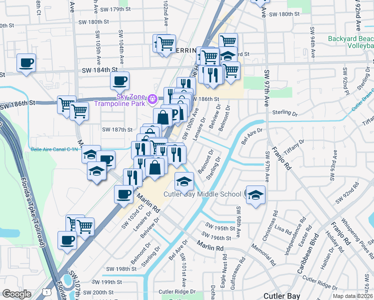 map of restaurants, bars, coffee shops, grocery stores, and more near 10101 Broad Channel Drive in Cutler Bay