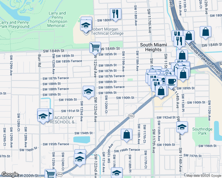 map of restaurants, bars, coffee shops, grocery stores, and more near 11980 Southwest 189th Street in Miami