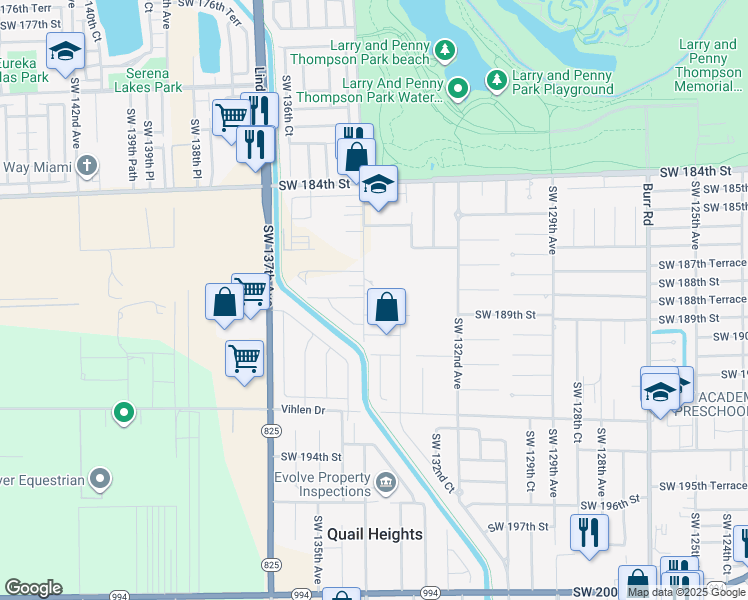 map of restaurants, bars, coffee shops, grocery stores, and more near 18701 Southwest 134th Avenue in Miami