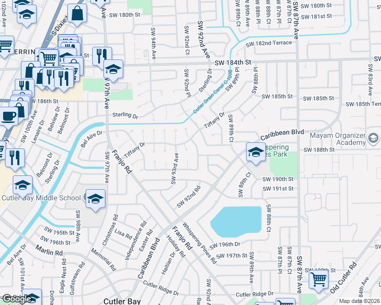 map of restaurants, bars, coffee shops, grocery stores, and more near 18920 Southwest 92nd Court in Miami