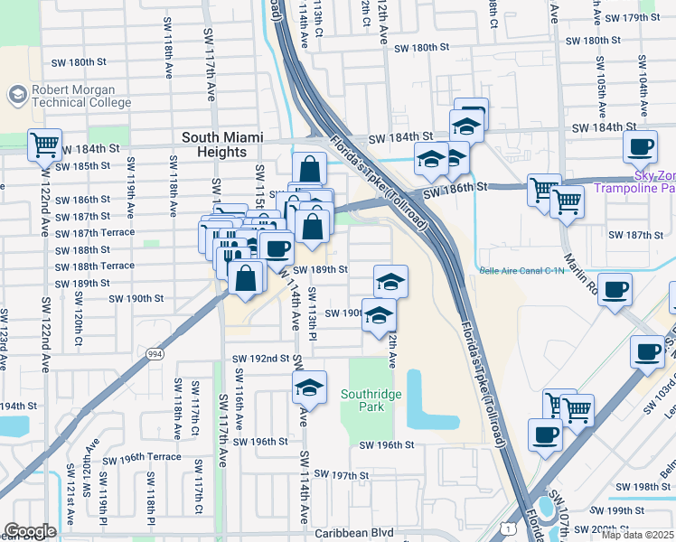 map of restaurants, bars, coffee shops, grocery stores, and more near 11275 Southwest 189th Lane in Miami