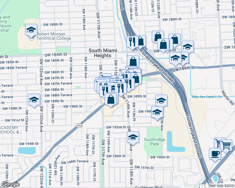 map of restaurants, bars, coffee shops, grocery stores, and more near 11515 Quail Roost Drive in Miami