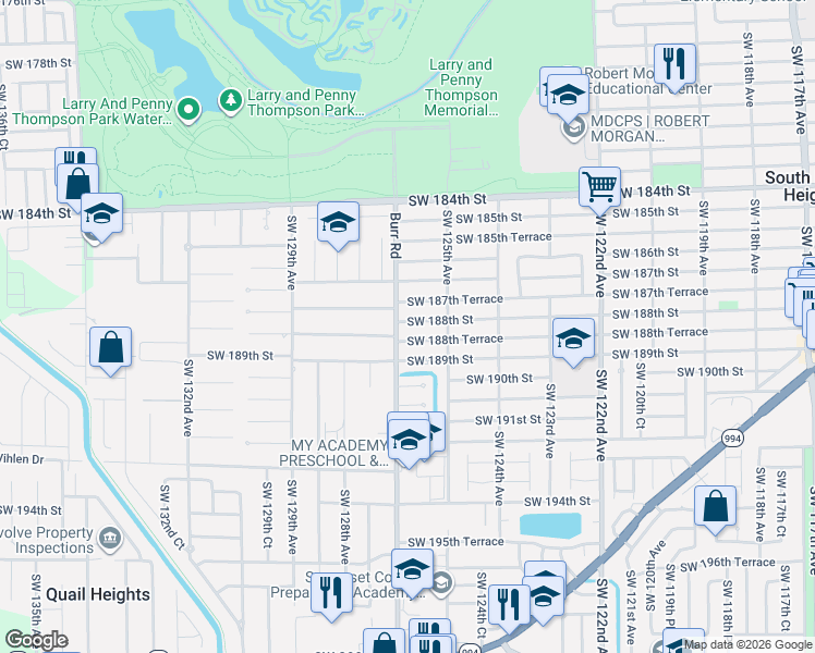 map of restaurants, bars, coffee shops, grocery stores, and more near 12635 Southwest 188th Street in Miami