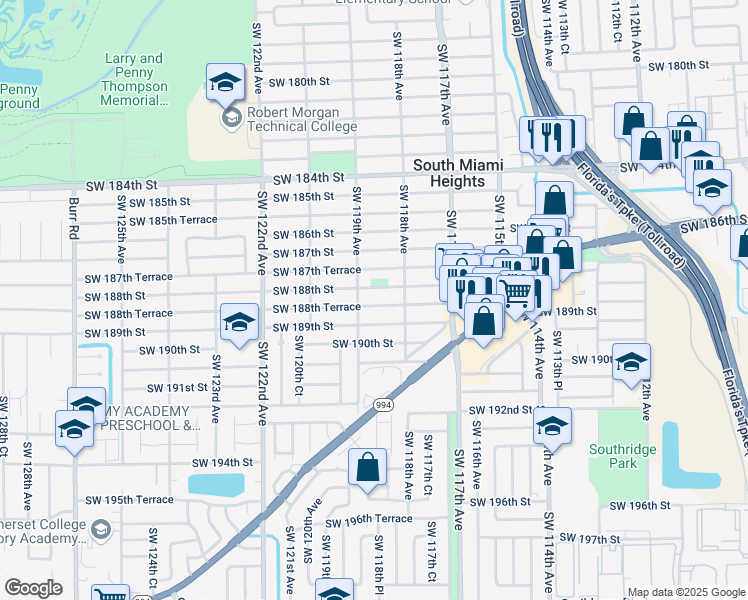 map of restaurants, bars, coffee shops, grocery stores, and more near 11830 Southwest 188th Street in Miami