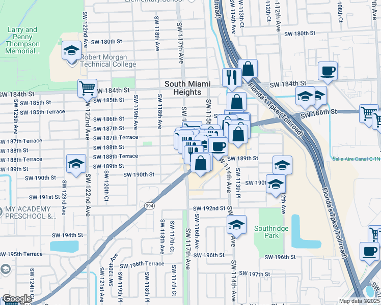 map of restaurants, bars, coffee shops, grocery stores, and more near 18815 Southwest 117th Avenue in Miami