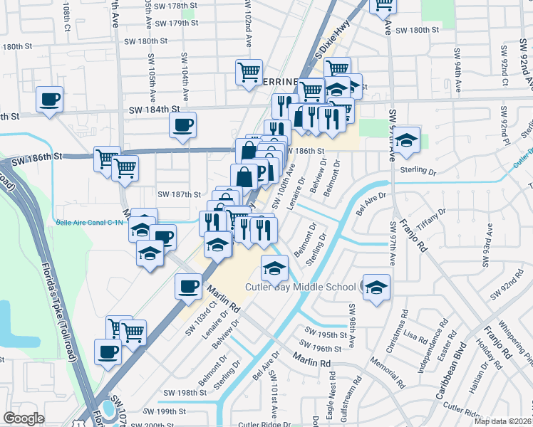 map of restaurants, bars, coffee shops, grocery stores, and more near 18757 Southwest 100th Avenue in Cutler Bay