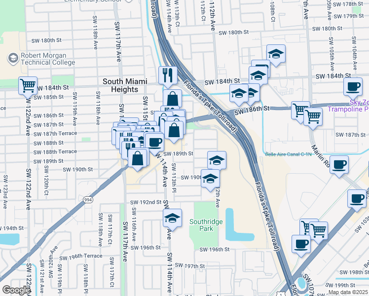 map of restaurants, bars, coffee shops, grocery stores, and more near 11324 Quail Roost Drive in Miami