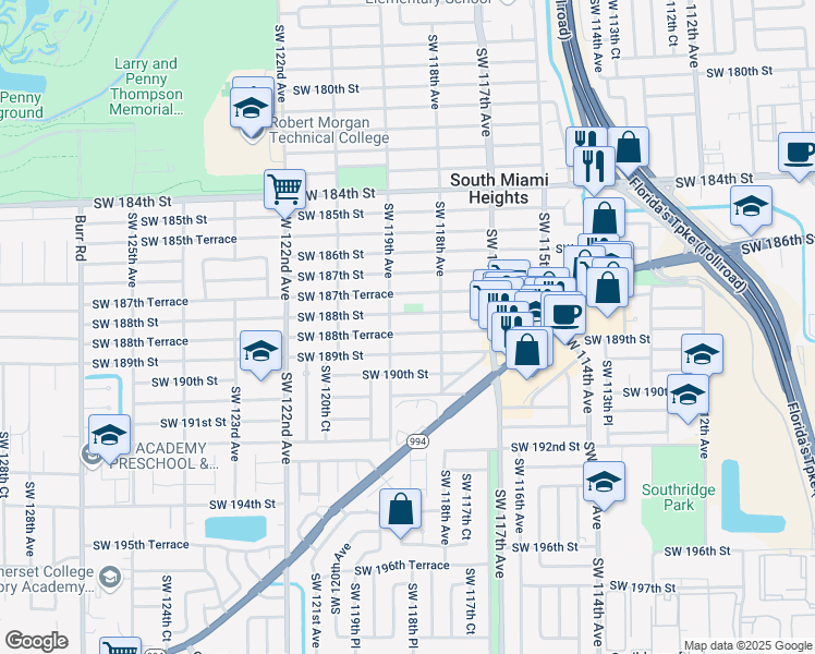 map of restaurants, bars, coffee shops, grocery stores, and more near 11830 Southwest 188th Street in Miami